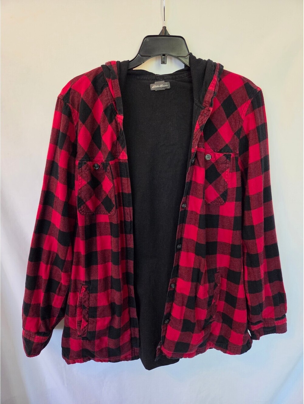 Eddie Bauer Women's Large Red and Black Plaid Hooded Flannel Jacket